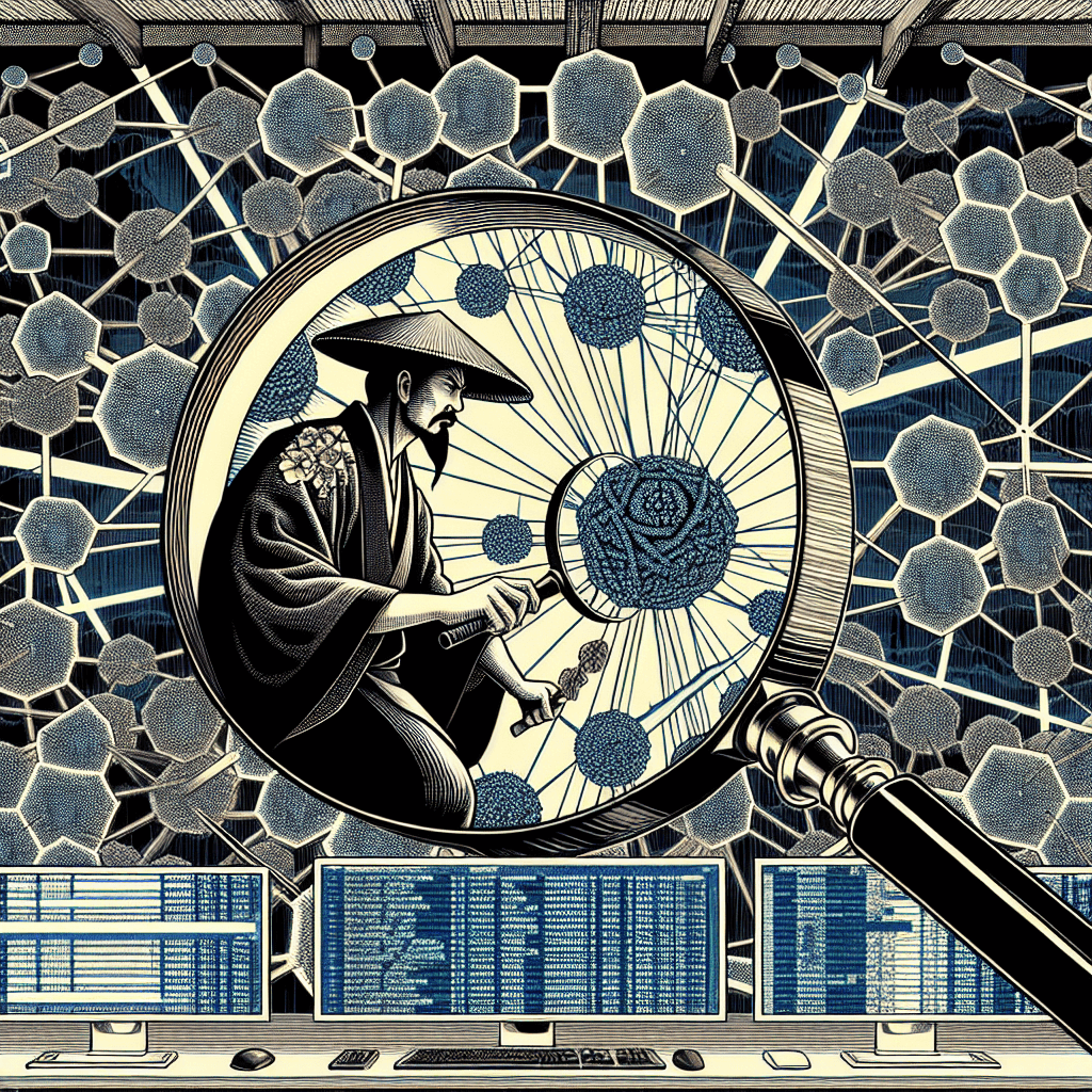 Create an image depicting the concept of mastering IP threat intelligence, featuring a digital network with interconnected nodes, a magnifying glass highlighting suspicious activity, and a vigilant cybersecurity expert analyzing data on multiple screens.