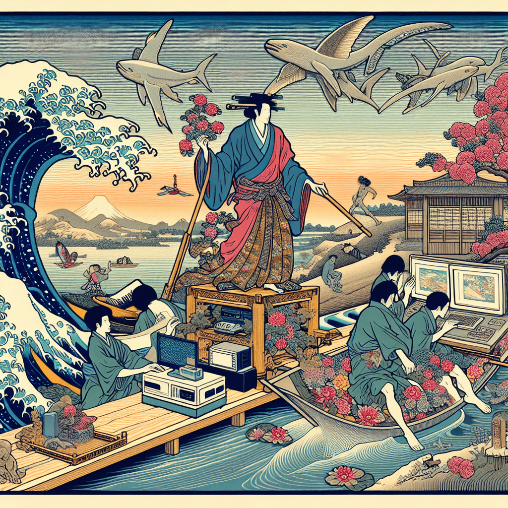 Create an image depicting the intersection of modern technology and ancient wisdom, symbolizing a concept of 'Echoes of Eden'.