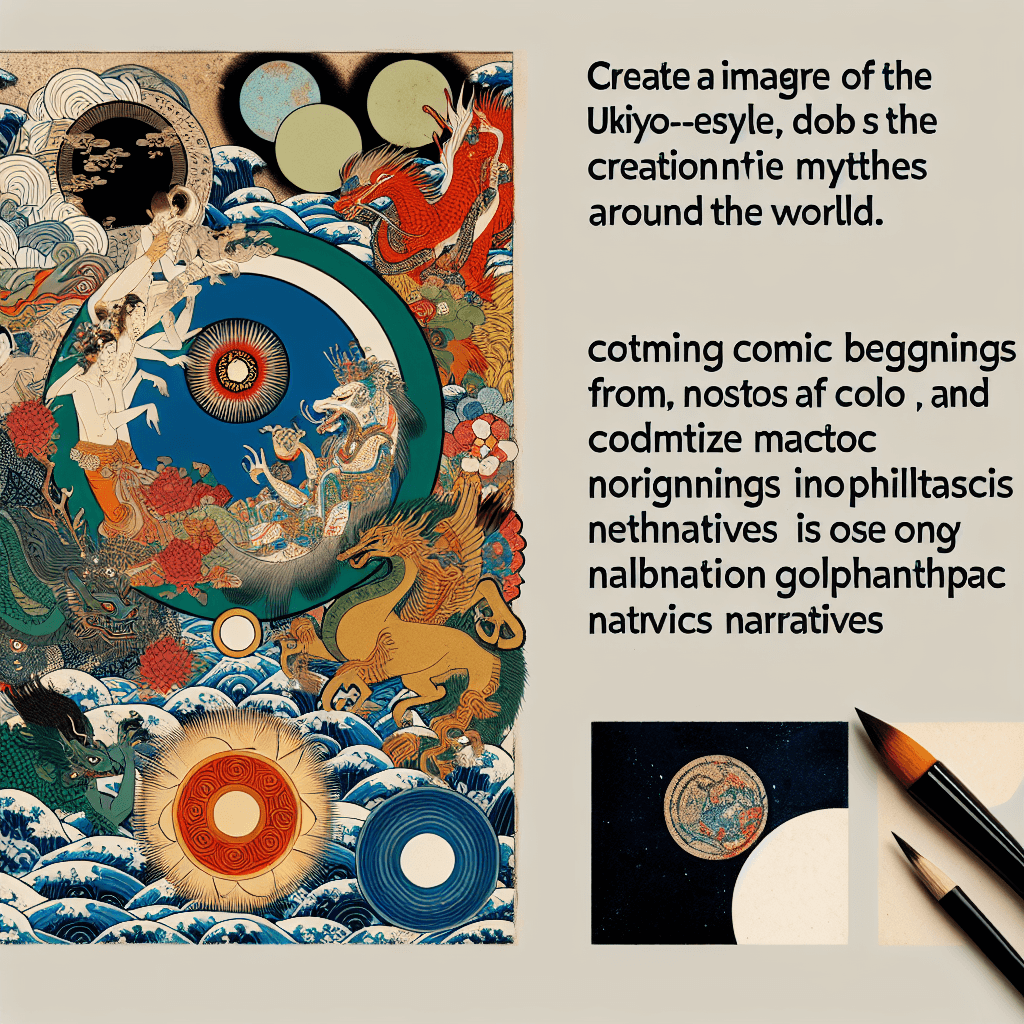 Create an image depicting a blend of diverse creation myths from around the world, symbolizing cosmic beginnings and their influence on philanthropic narratives.