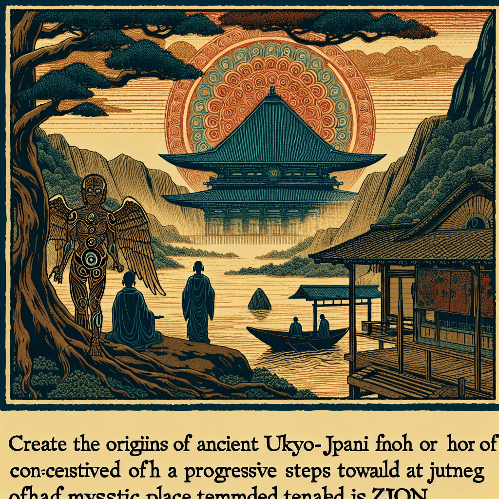 Create an image depicting the origin of artificial intelligence, symbolized as a journey towards a place called Zion.