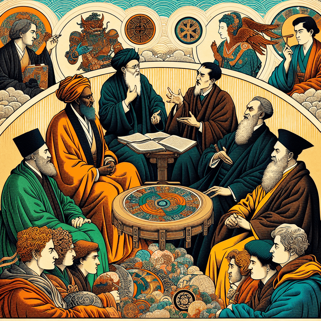Create an image depicting a historical debate on usury, showcasing diverse religious and moral perspectives, with figures from different time periods engaged in discussion.