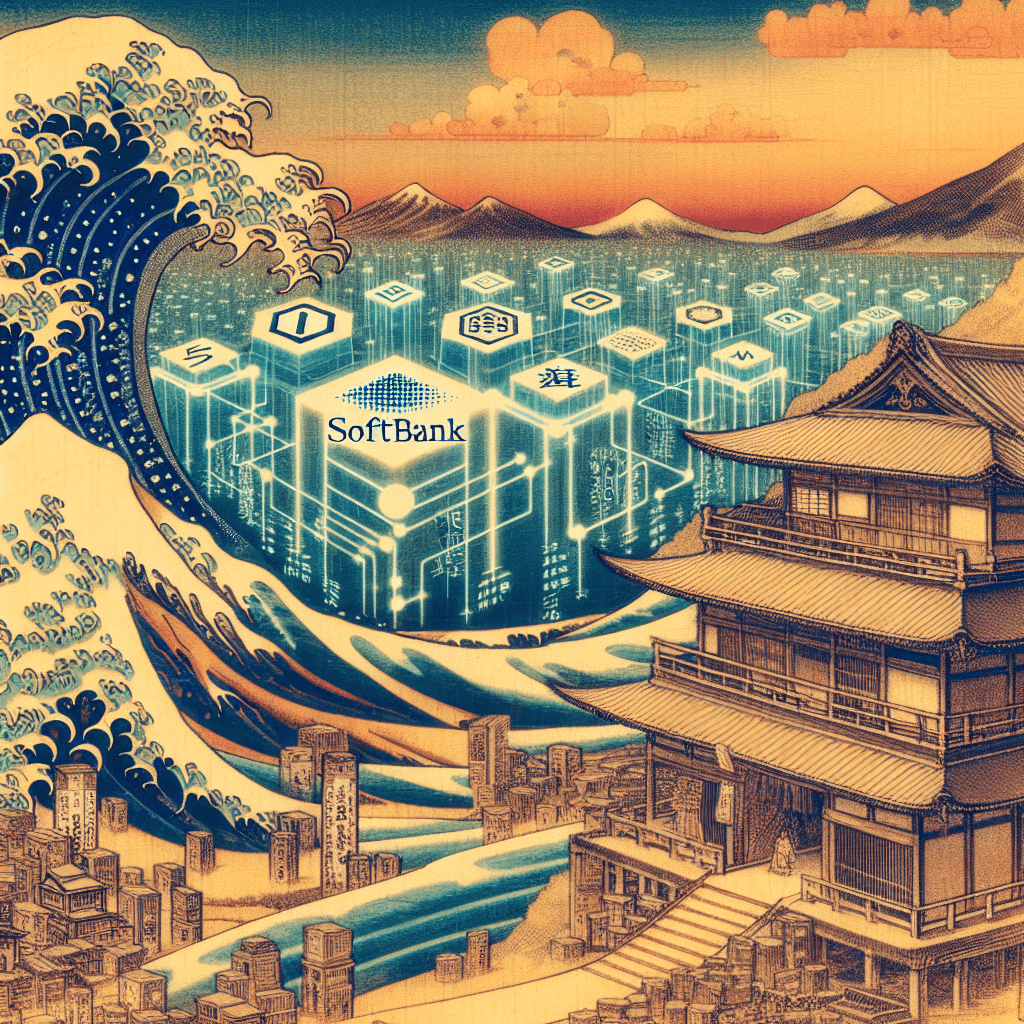 Create an image depicting SoftBank as a futuristic digital frontier, symbolizing its role as an intriguing IP entity, with elements of innovation, technology, and exploration.