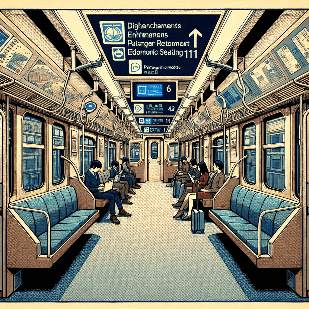 Create an image depicting the interior of a modern subway train on the 6 Line, highlighting digital advancements and passenger comfort features of the R142 and R142A models.