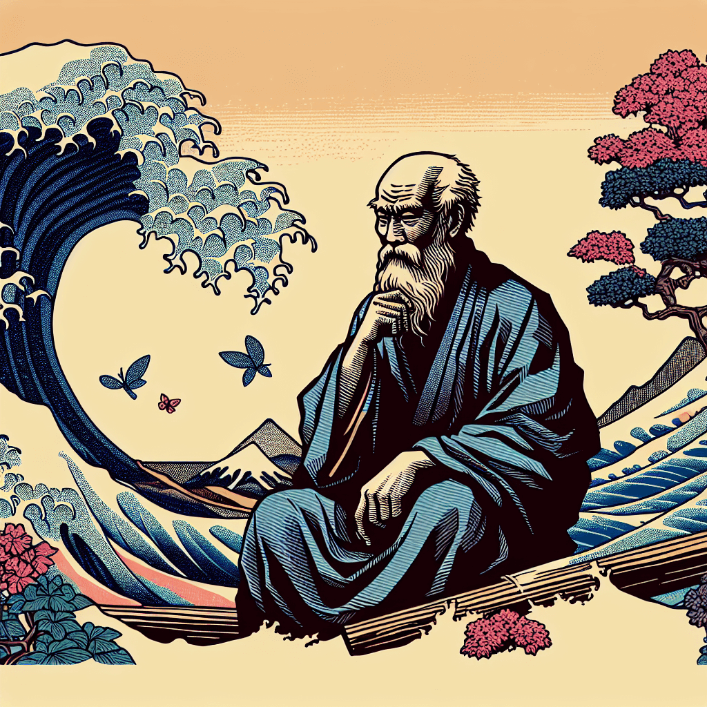 Create an image that encapsulates the philosophical aspects of Godai, representing Japanese thought and worldview.