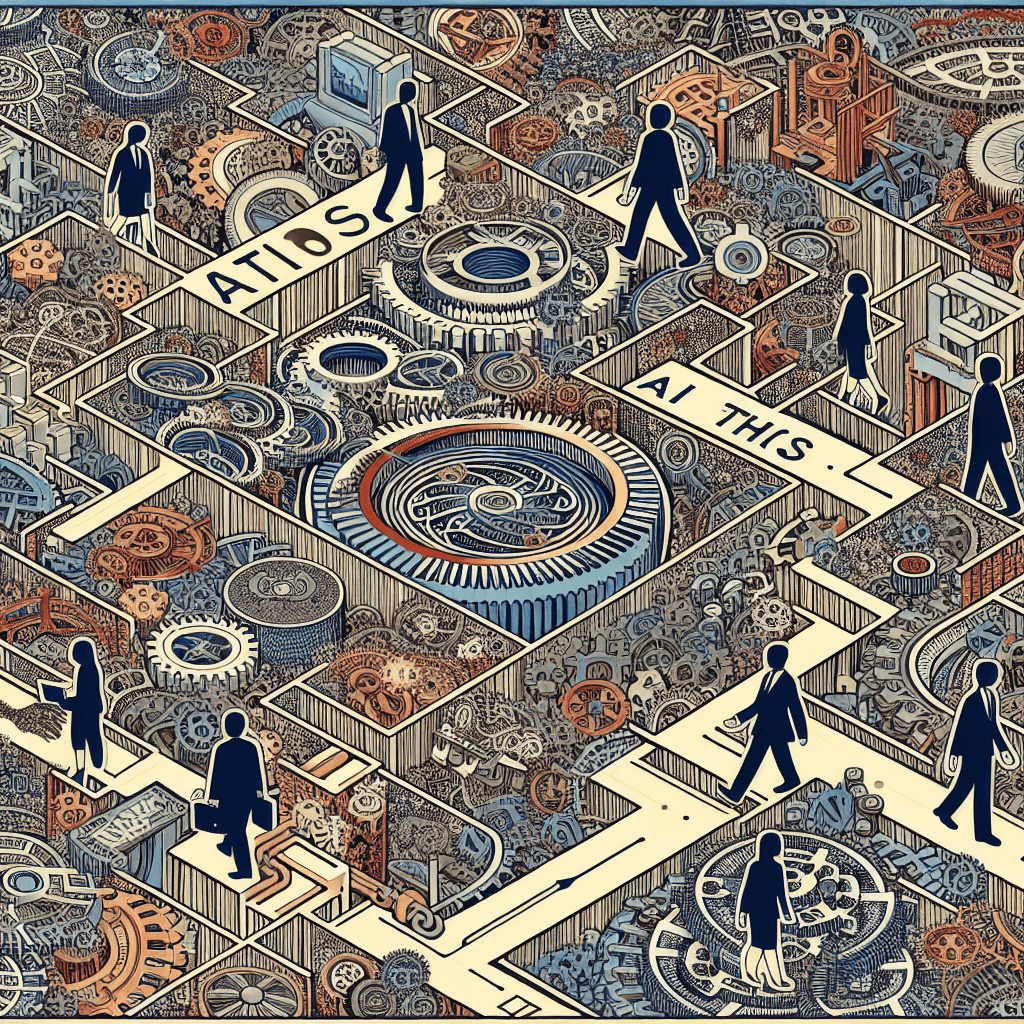 Create an image representing the complex landscape of navigating AI ethics in a business context.