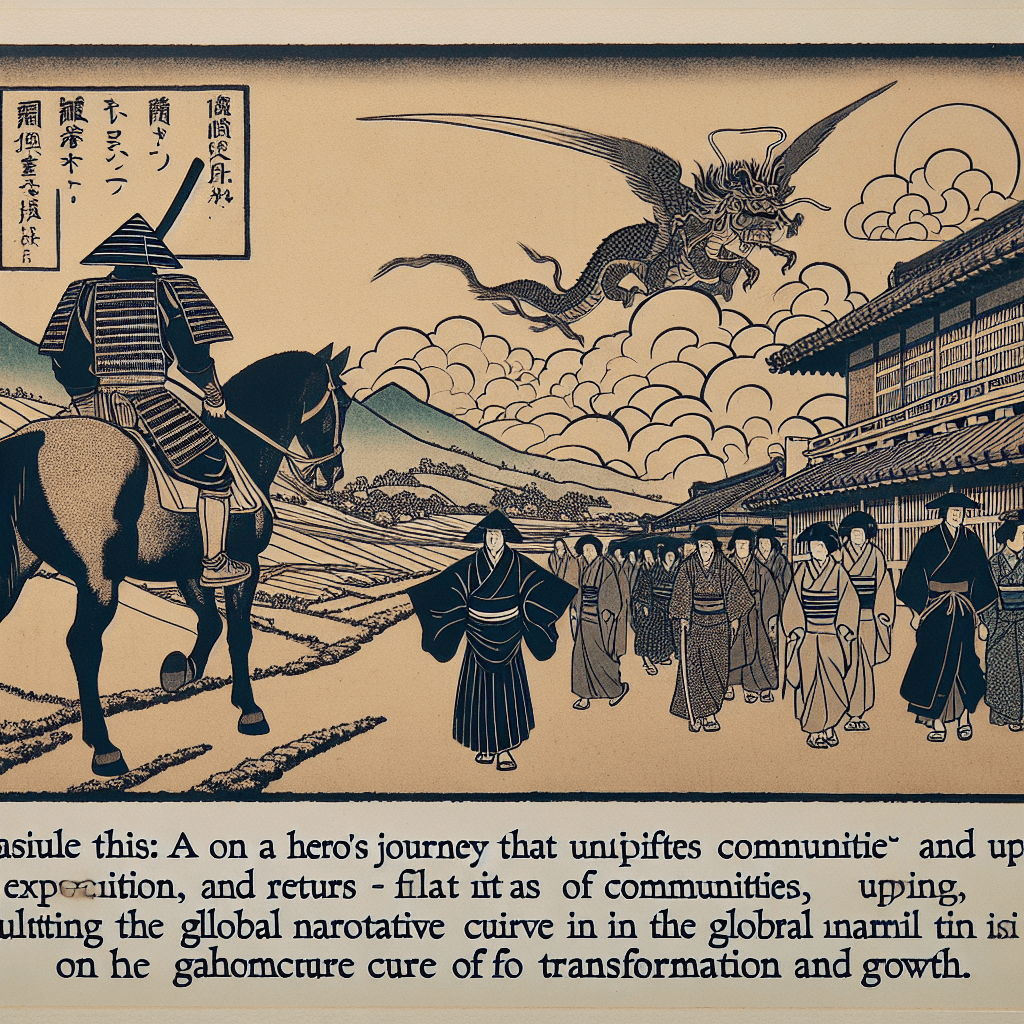 Create an image depicting a hero's journey, illustrating the adventure and return that empowers communities, capturing the universal story arc of transformation and growth.