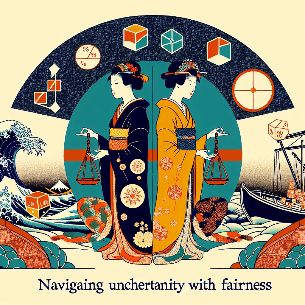 Create an image depicting the concept of navigating uncertainty with fairness, using symbols of probability and statistics such as graphs, dice, and scales to represent balance and fairness.