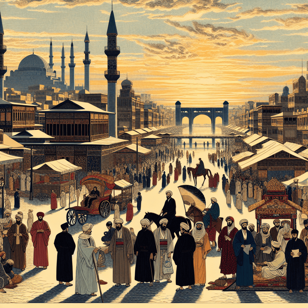 Create an image depicting Al-Khwarizmi's journey to Baghdad, showcasing his arrival in the vibrant hub of Islamic scholarship, surrounded by scholars and the rich cultural atmosphere of the city.