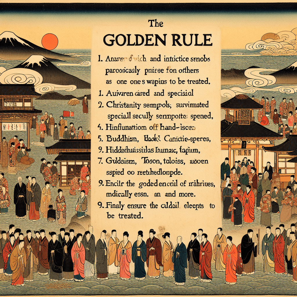 Create an image depicting the concept of the Golden Rule, illustrating its universal moral principle of treating others as one wishes to be treated, with diverse cultural and religious symbols.