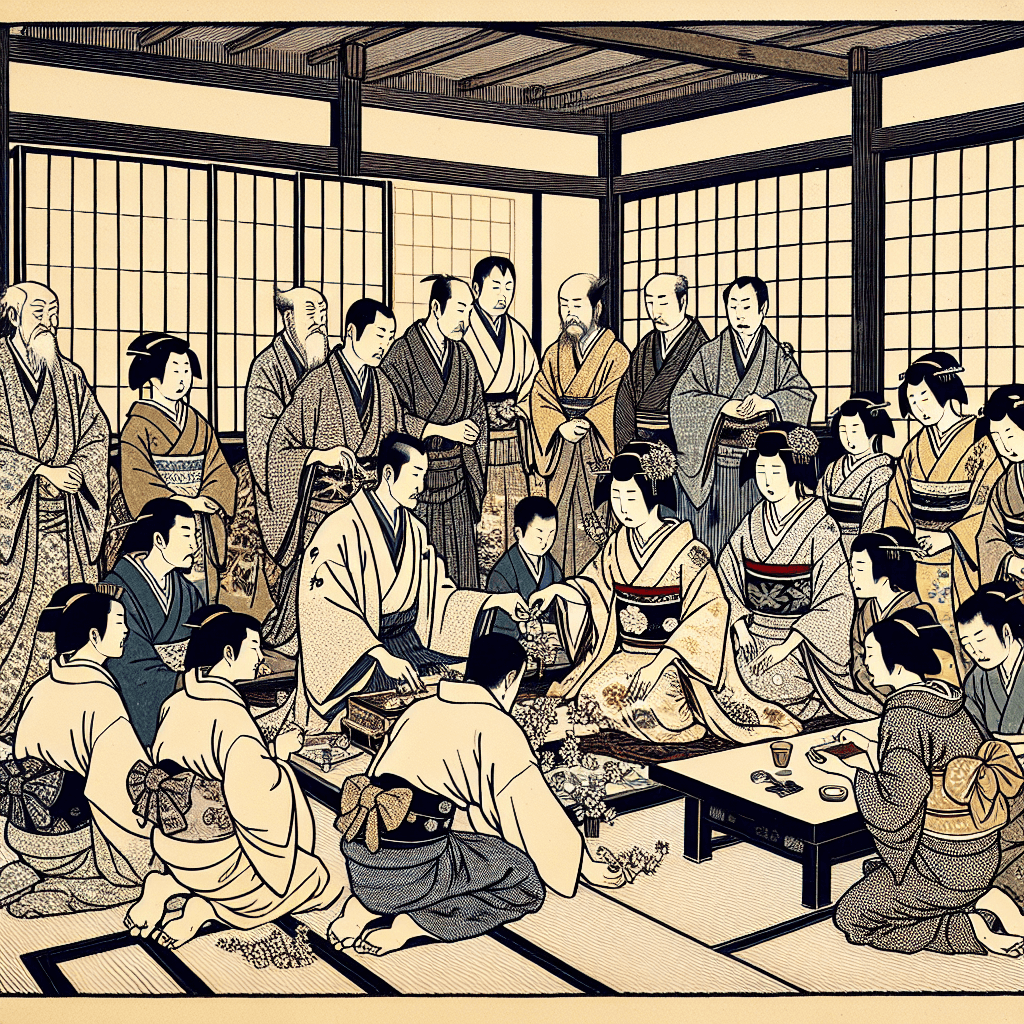 Create an image depicting a historical or cultural scene showcasing a family alliance being formed through marriage, highlighting the unity and collaboration between different groups.