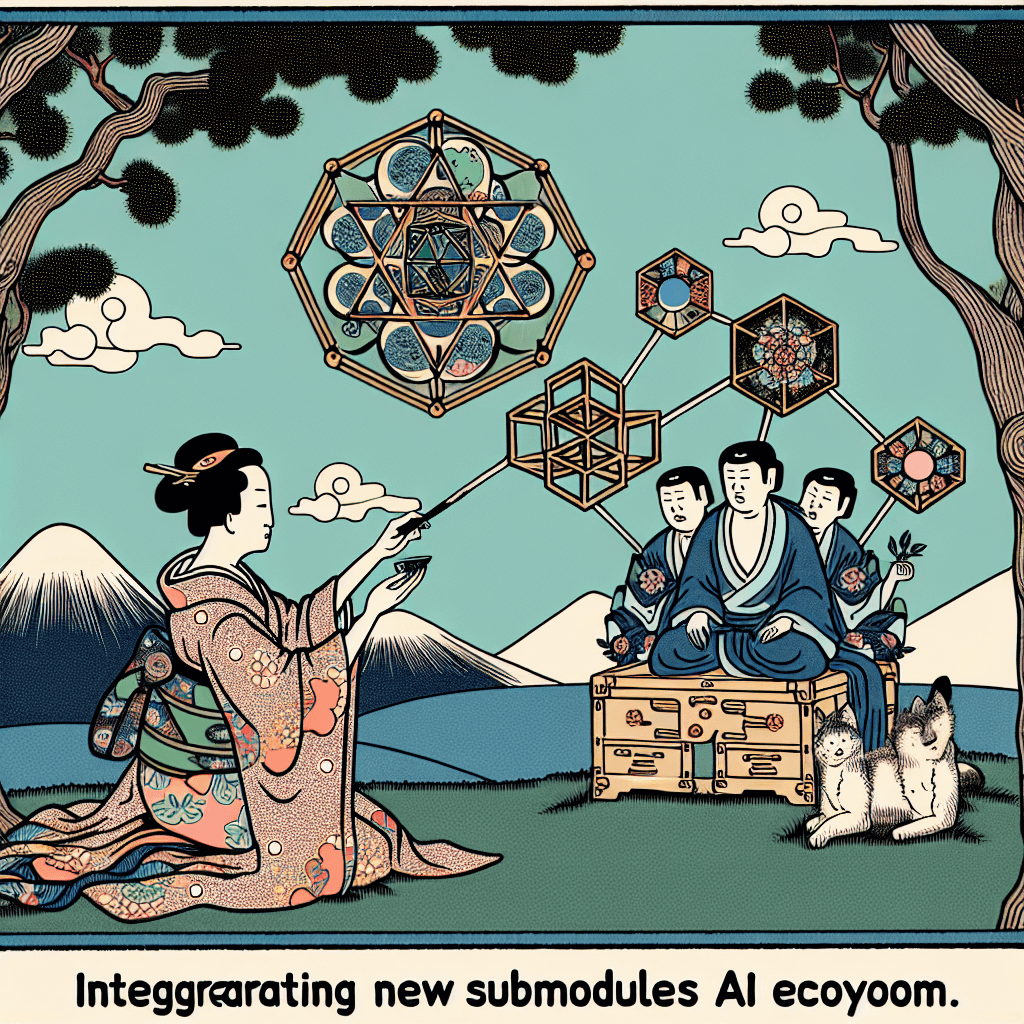 Create an image depicting the concept of integrating new submodules into an AI ecosystem, inspired by the symbolism of Hexagram 54 – The Marrying Maiden.