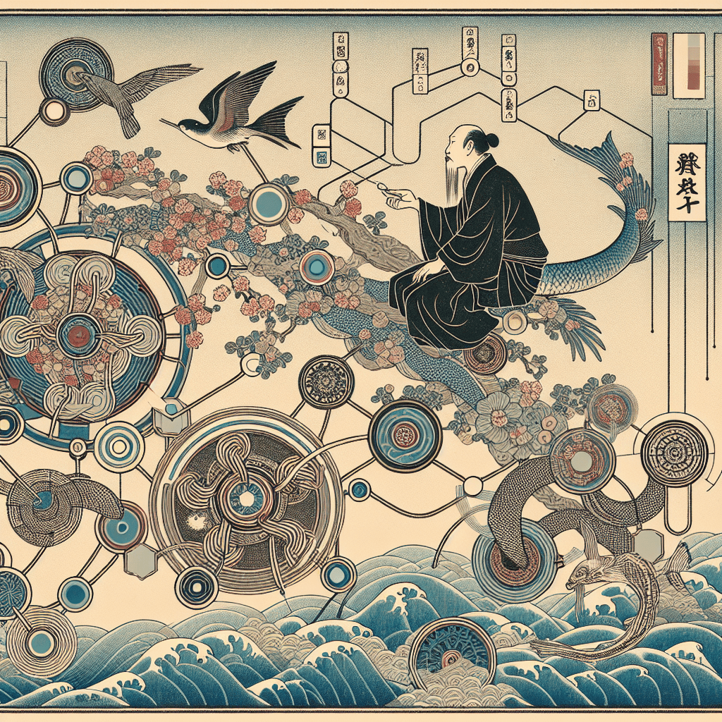 Create an image illustrating the concept of cybernetics, focusing on feedback loops and control systems, with interconnected elements symbolizing communication and regulation in a technological environment.