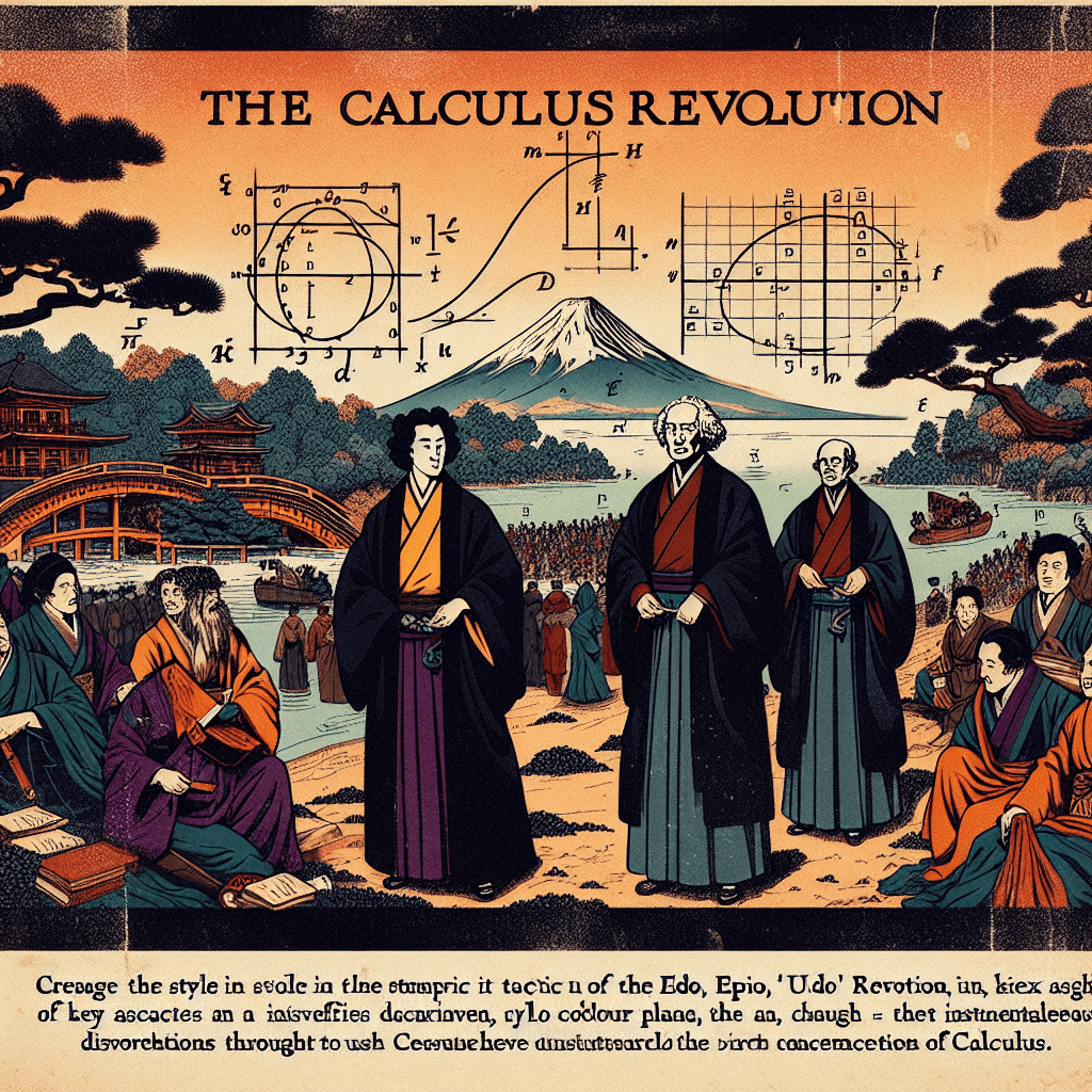 Create an image depicting the historical moment of the Calculus Revolution, featuring Isaac Newton and Gottfried Wilhelm Leibniz as central figures, symbolizing the birth of instantaneous change through their groundbreaking mathematical discoveries.