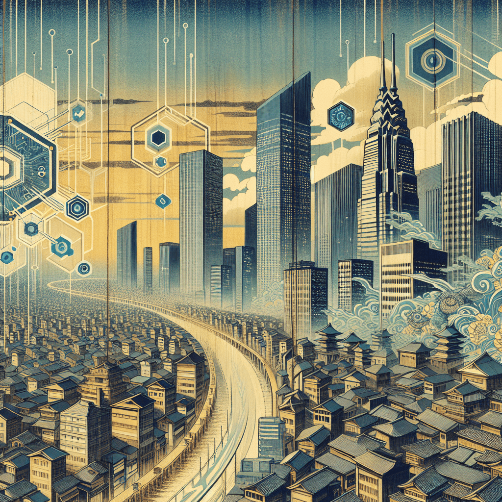 Create an image depicting a futuristic cityscape with digital elements, showcasing SoftBank's unexpected digital expansion and the potential future scenarios and strategies that could arise from it.
