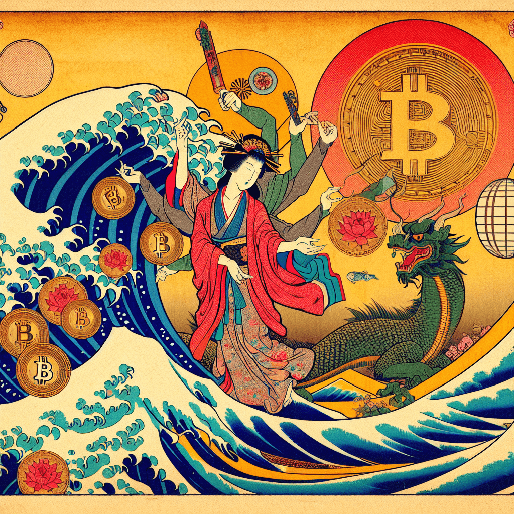 Create an image that represents the fusion of Godai philosophy and cryptocurrency market analysis for a blog series on content creation.