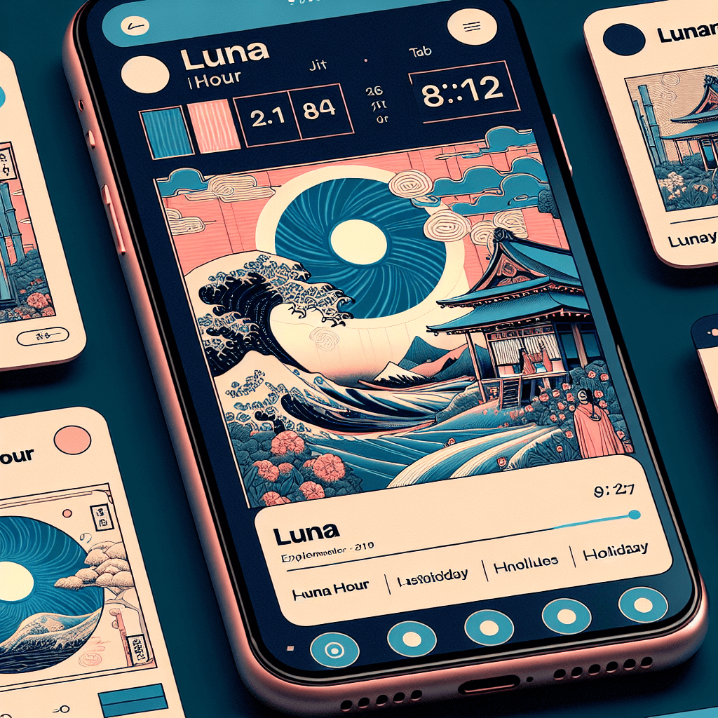 Create an image depicting the Luna app interface, highlighting features related to LunaHour and LunarHoliday models.