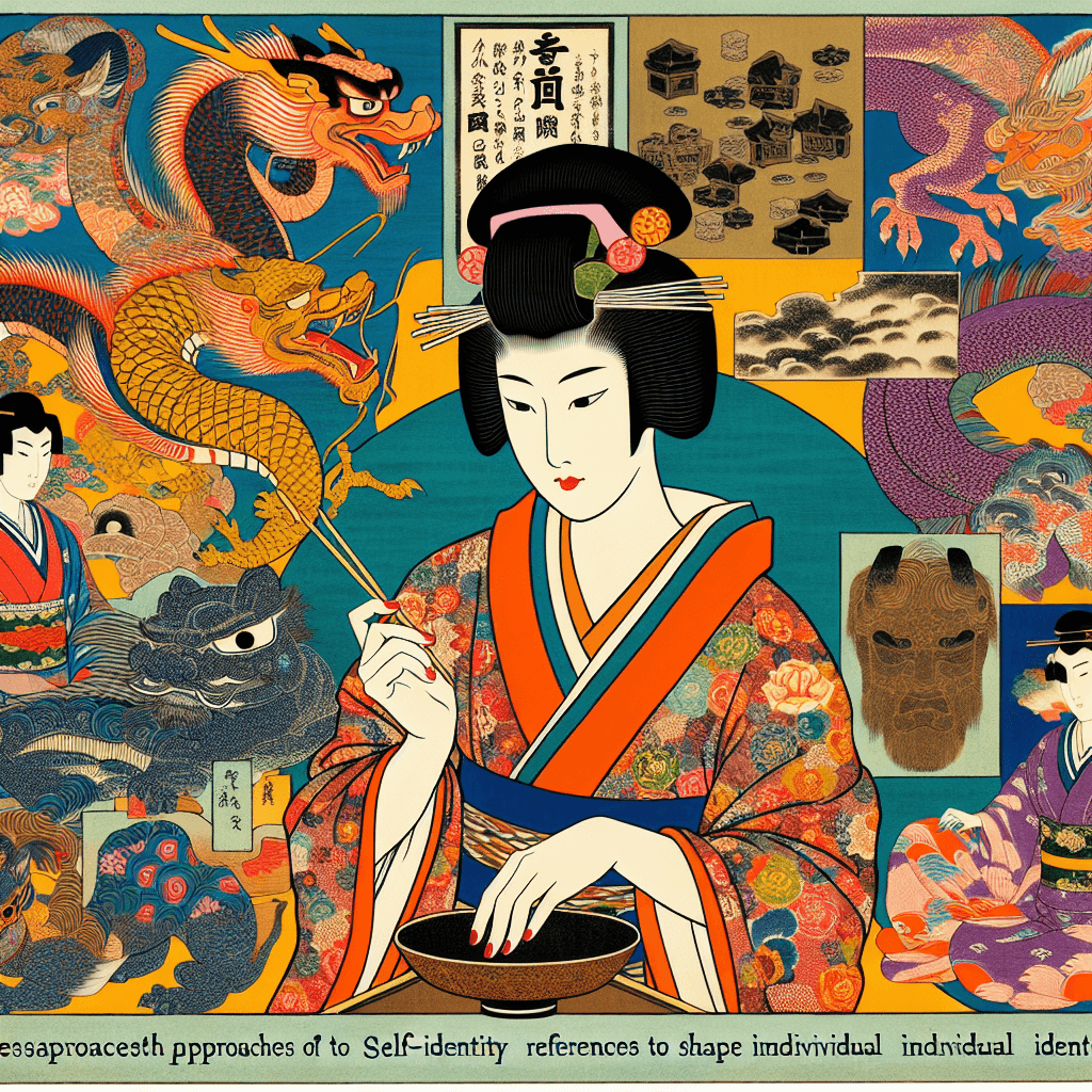 Create an image that contrasts Eastern and Western approaches to self-identity through the concept of meta-references, illustrating how each culture uses citations and references to shape individual identity.