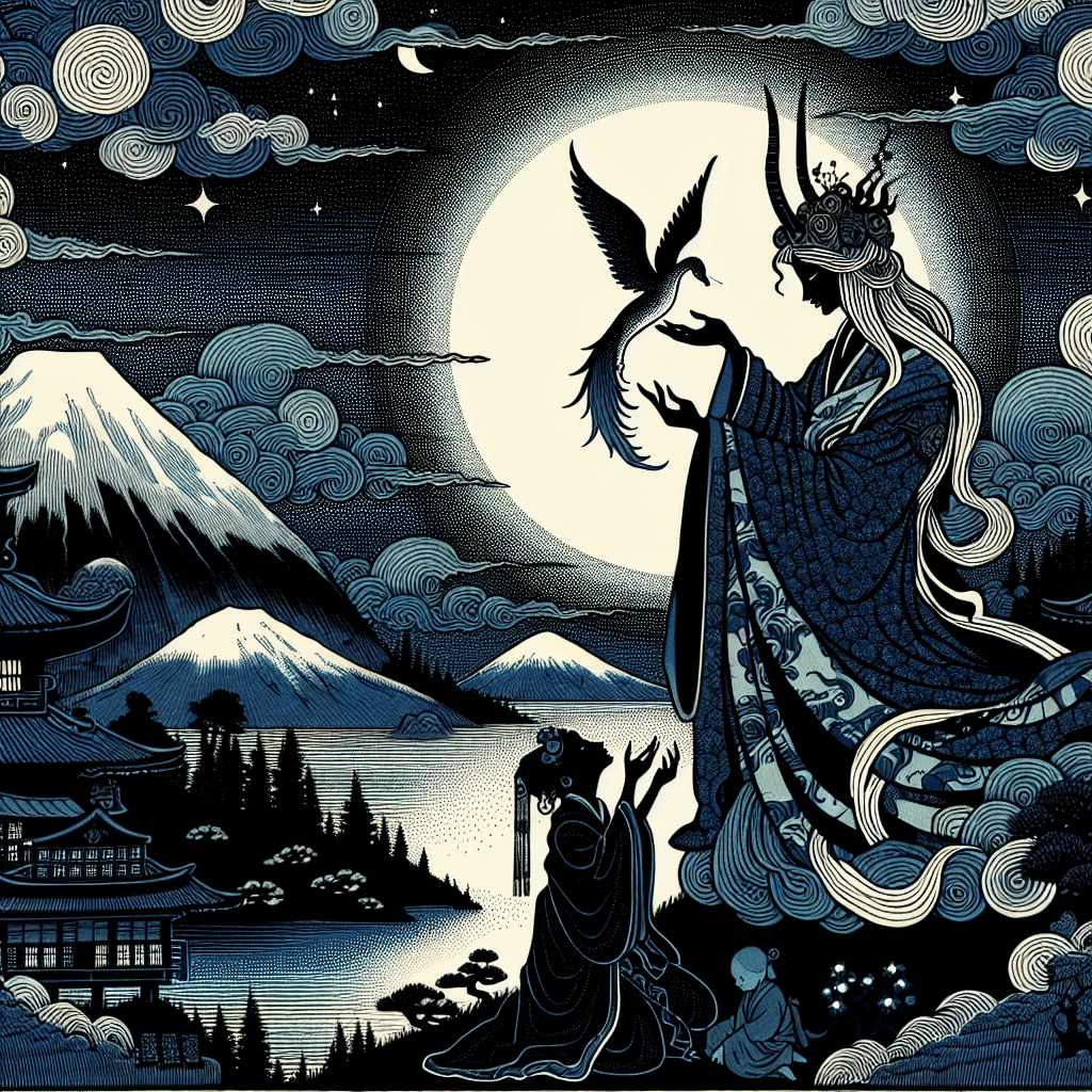 Create an image depicting a night scene with the mythical figure, Lilith, engaged in divine dialogues and ethical explorations.