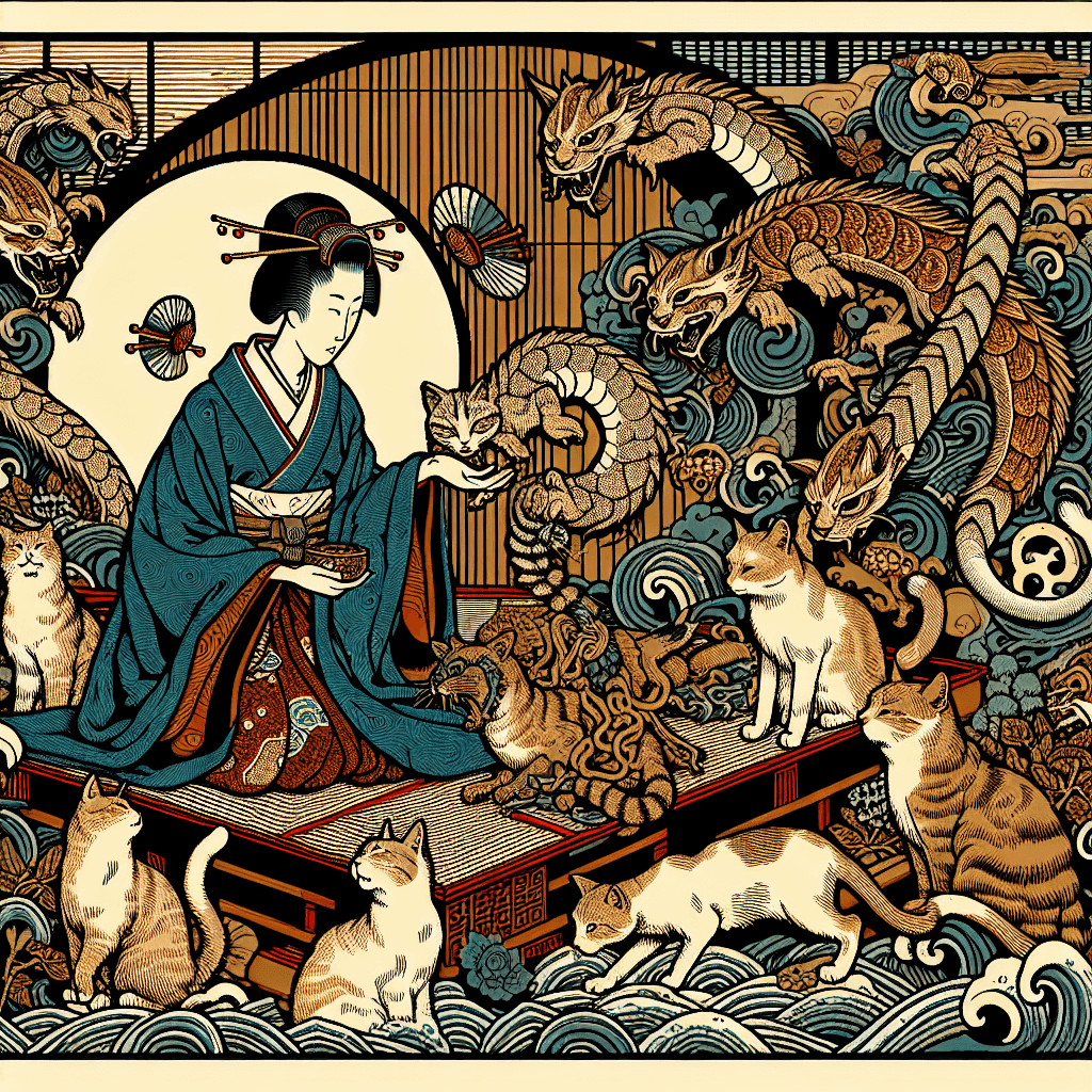 Create an image depicting the Japanese Monarchy interacting with cats, the parasite T. gondii, and the satellite Godai-1.