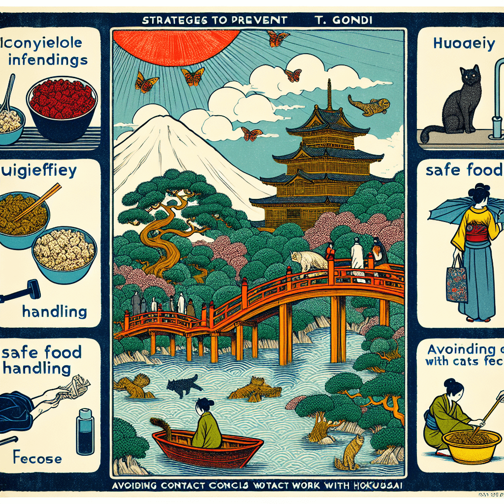 Create an image depicting strategies to prevent T. gondii infection, highlighting hygiene practices, safe food handling, and avoiding contact with cat feces.