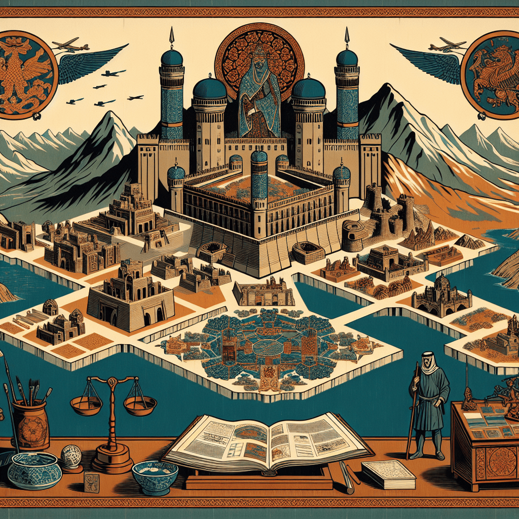 Create an image depicting a strategic framework for monitoring and risk management specifically designed for Middle Eastern monarchies, incorporating elements such as governance, security, and regional stability.