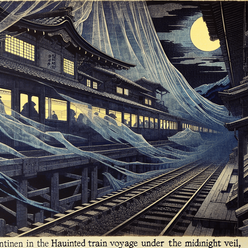 Create an image depicting a mysterious and atmospheric train journey at midnight, focusing on the evolving and dynamic nature of the experience, with a behind-the-scenes perspective.