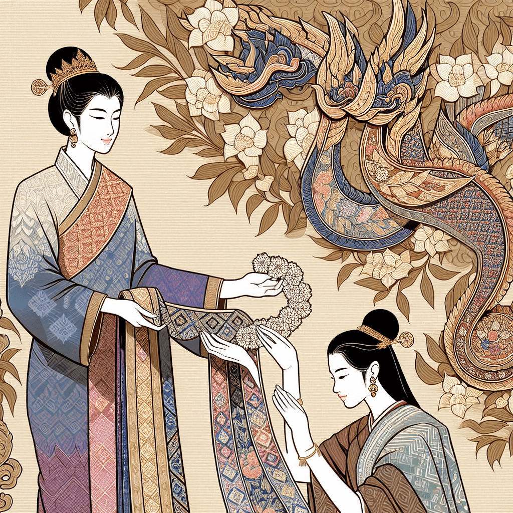 Create an image depicting Queen Sirikit being presented with a beautiful tapestry symbolizing peace, featuring intricate patterns and harmonious colors.