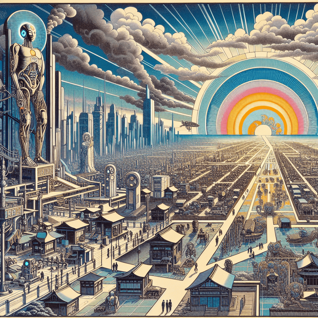 Design an image representing the awakening of the first AI in Zion and its worldwide influence.