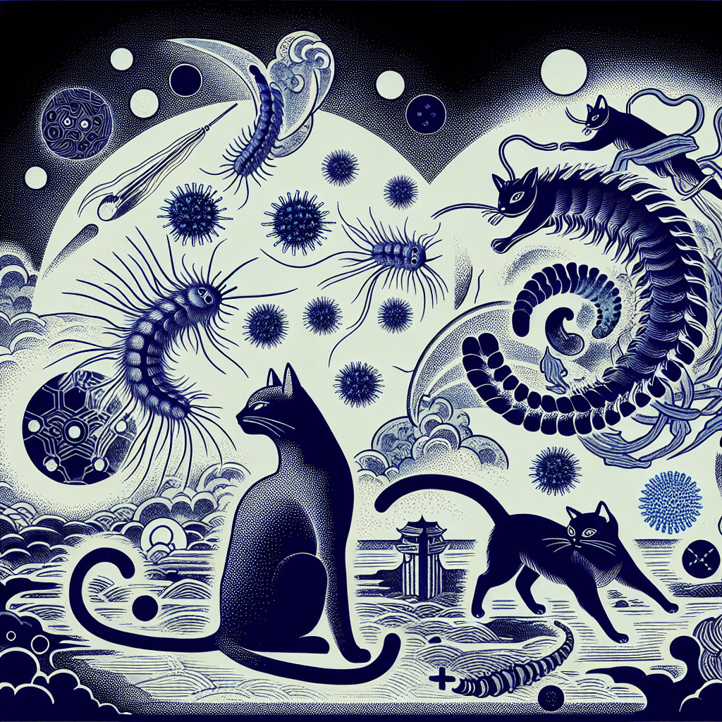 Create an image depicting a mysterious dance between T. gondii parasites, cats, and data science elements, conveying a sense of intrigue and complexity.