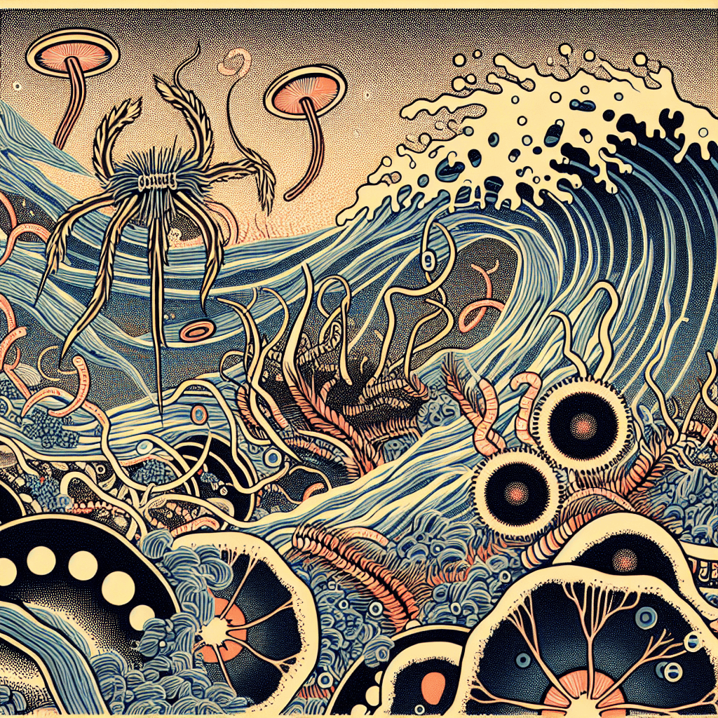 Create an image depicting the microscopic world of the parasite *Toxoplasma gondii*, highlighting its complex structure and its interaction with host cells.