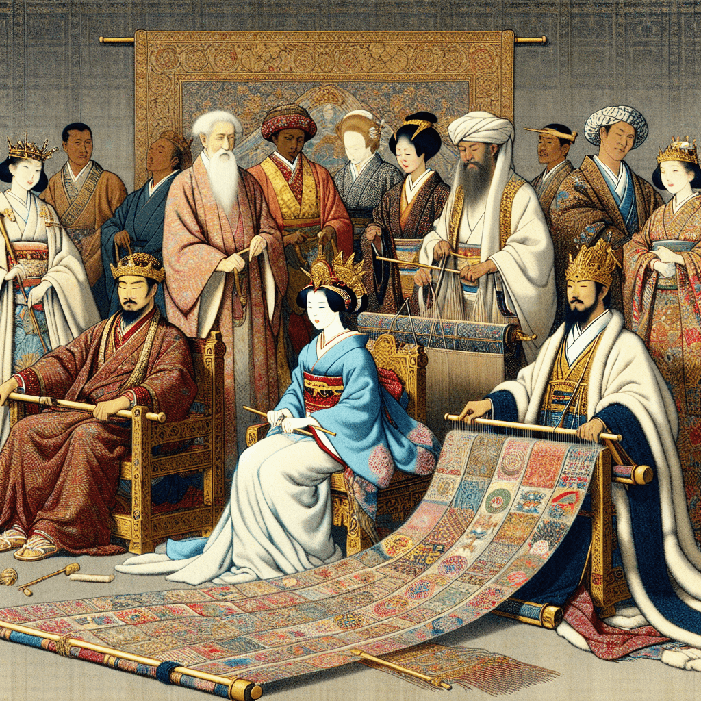 Create an image depicting monarchs from diverse cultures coming together, weaving a tapestry symbolizing dialogue and unity.