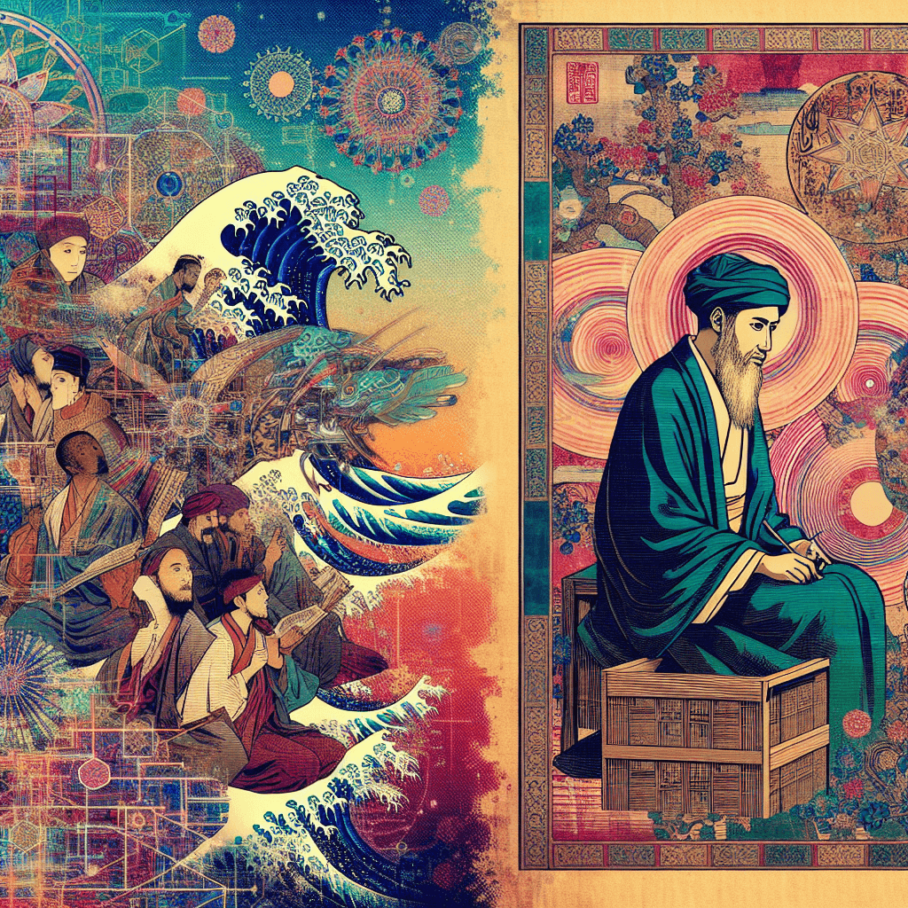 Create an image that celebrates Al-Khwarizmi by blending elements of traditional Islamic art and modern technology to symbolize the intersection of tradition and innovation.