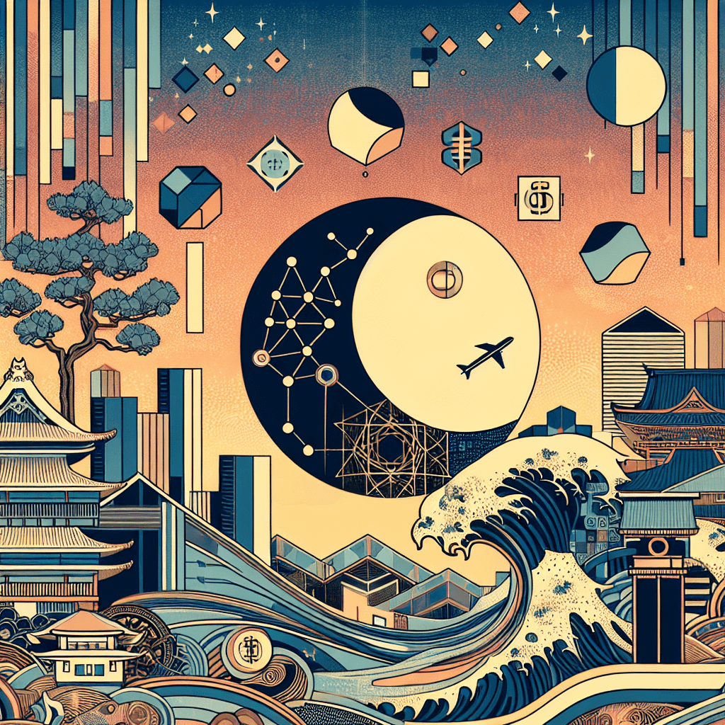 Create an image depicting the integration of lunar cycles and Ramadan observance within AI-driven finance, highlighting respect and cultural sensitivity.