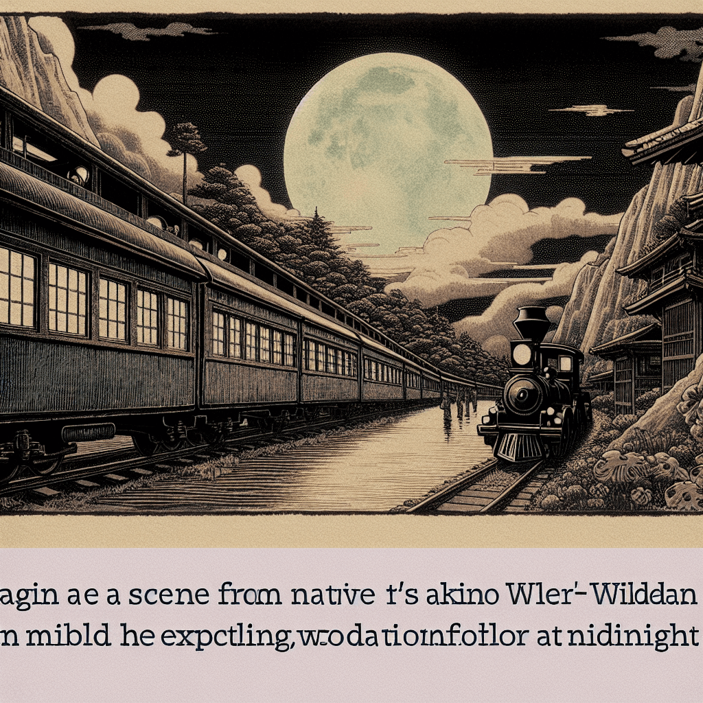 Create an image depicting a surreal, dreamlike train journey at midnight, inspired by Wilder's 