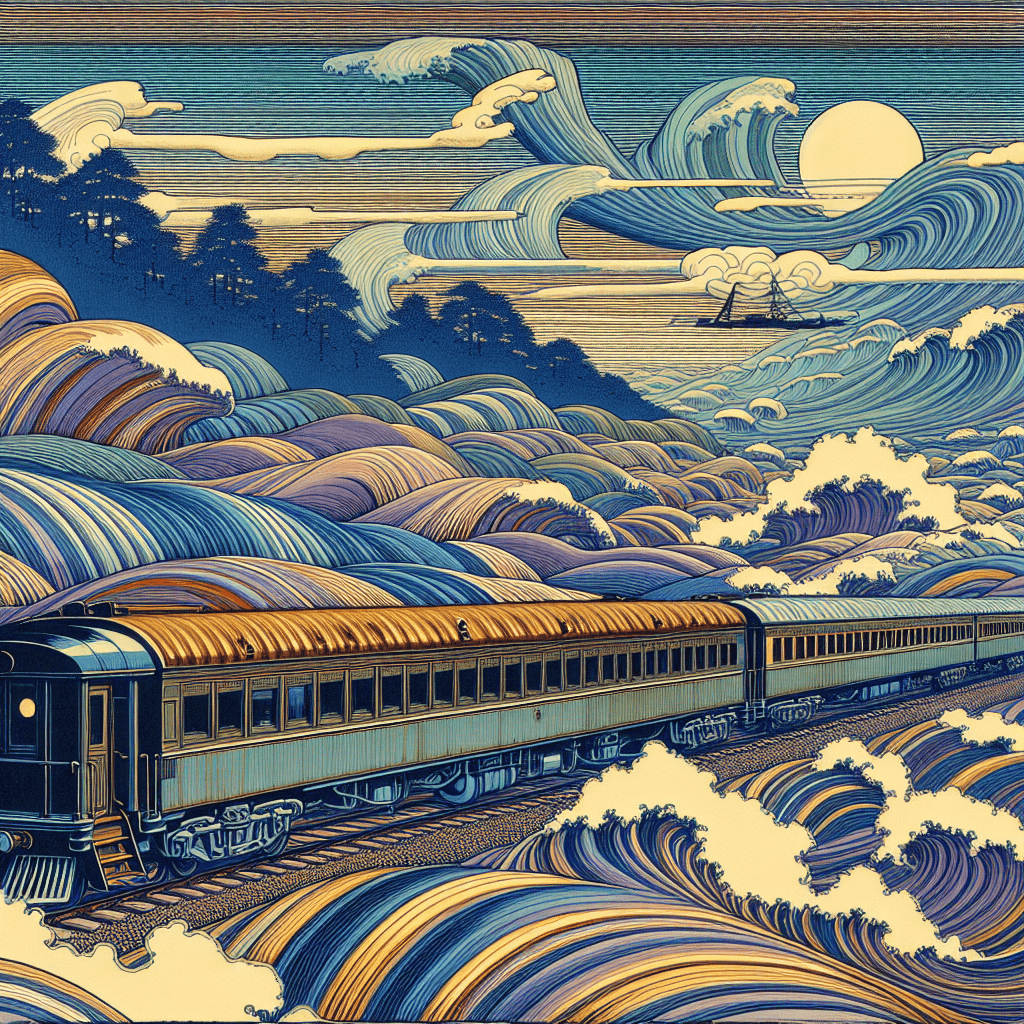 Create an image depicting a Pullman sleeper car traveling through a metaphorical landscape inspired by Wilder's themes.