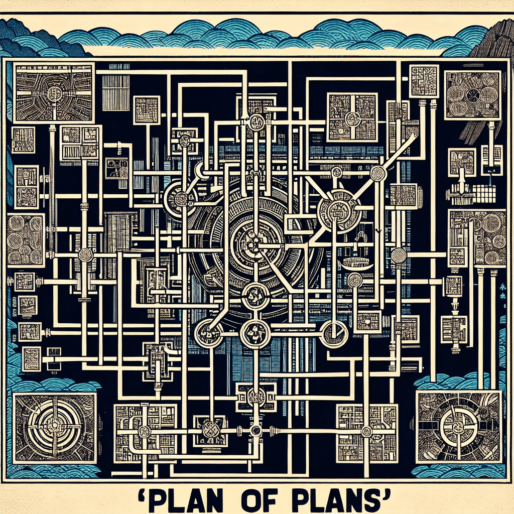 Create an image depicting a detailed and intricate blueprint or map labeled 