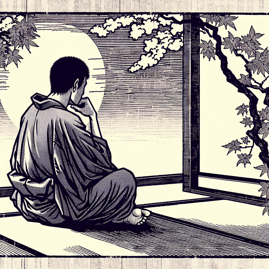 Create an image depicting a serene and introspective scene where an individual is engaged in deep self-reflection, symbolizing the journey towards ethical insight and enlightenment.