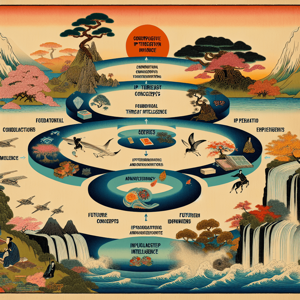Create an image representing a comprehensive journey through IP Threat Intelligence, illustrating its evolution from foundational concepts to future advancements, in a 6-part series format.