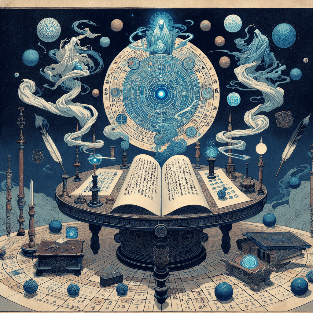 Create an image that represents the concept of integrating mystical elements and strategic planning within a fantasy series titled 