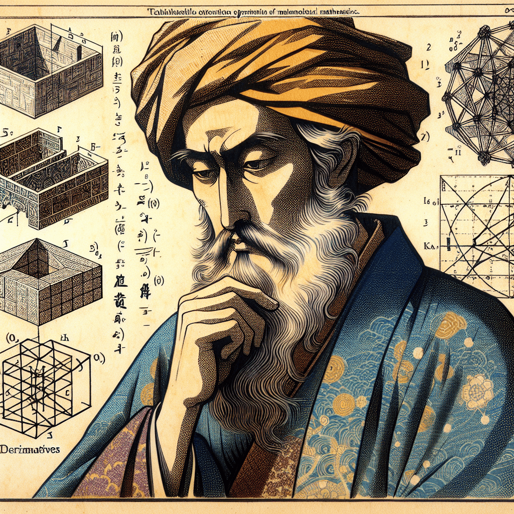 Create an image depicting Al-Khwarizmi reflecting on the modern extensions of derivatives, symbolizing the expansion of mathematical frameworks.
