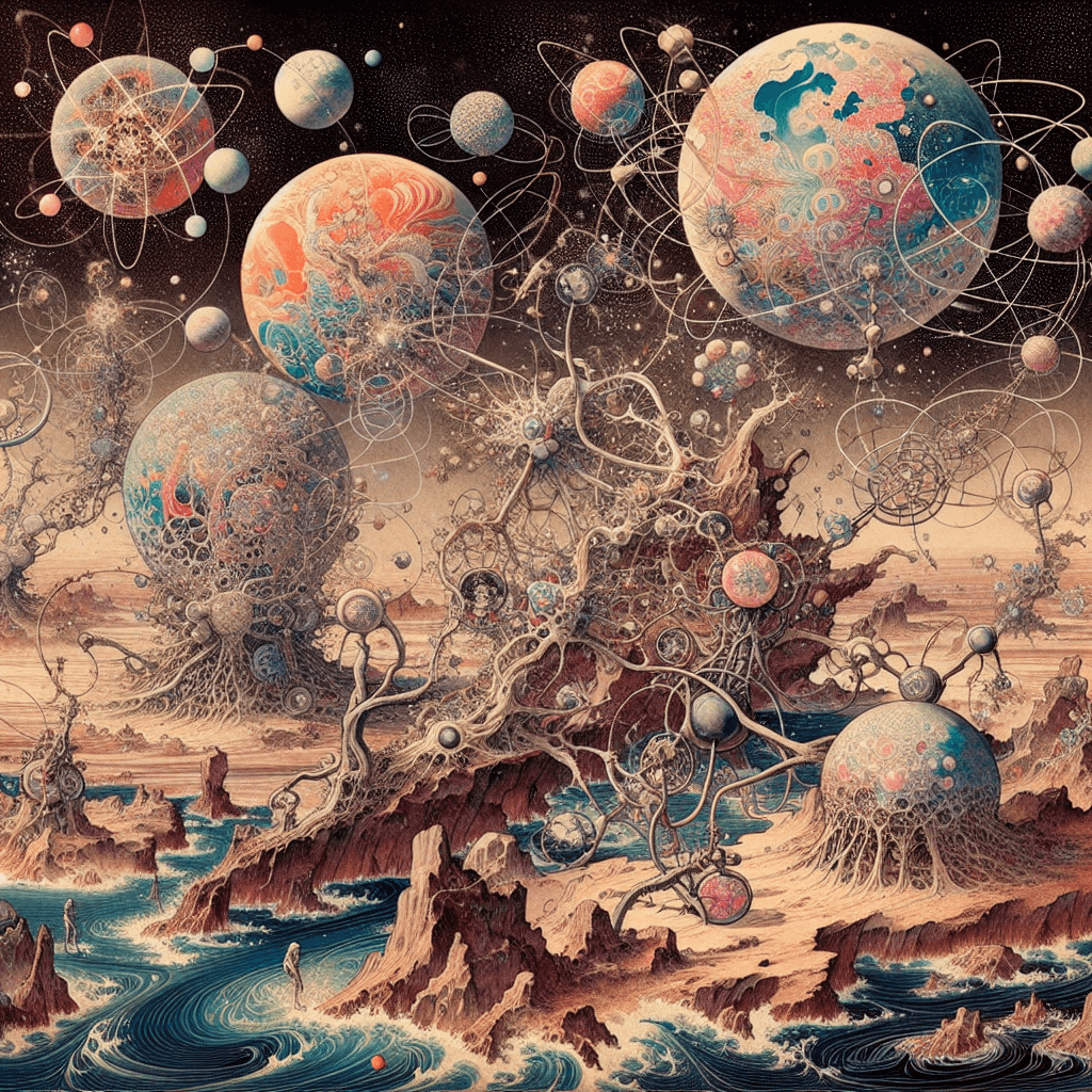 Create an image depicting the intricate and interconnected structures of the cosmos, blending elements of topology and geometry to illustrate the vast and complex nature of the universe.