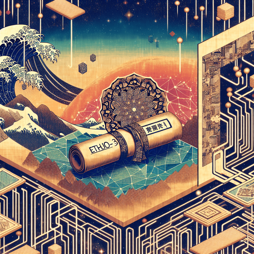 Create an image depicting a futuristic, interconnected digital landscape, symbolizing a blog odyssey, with a central scroll labeled 