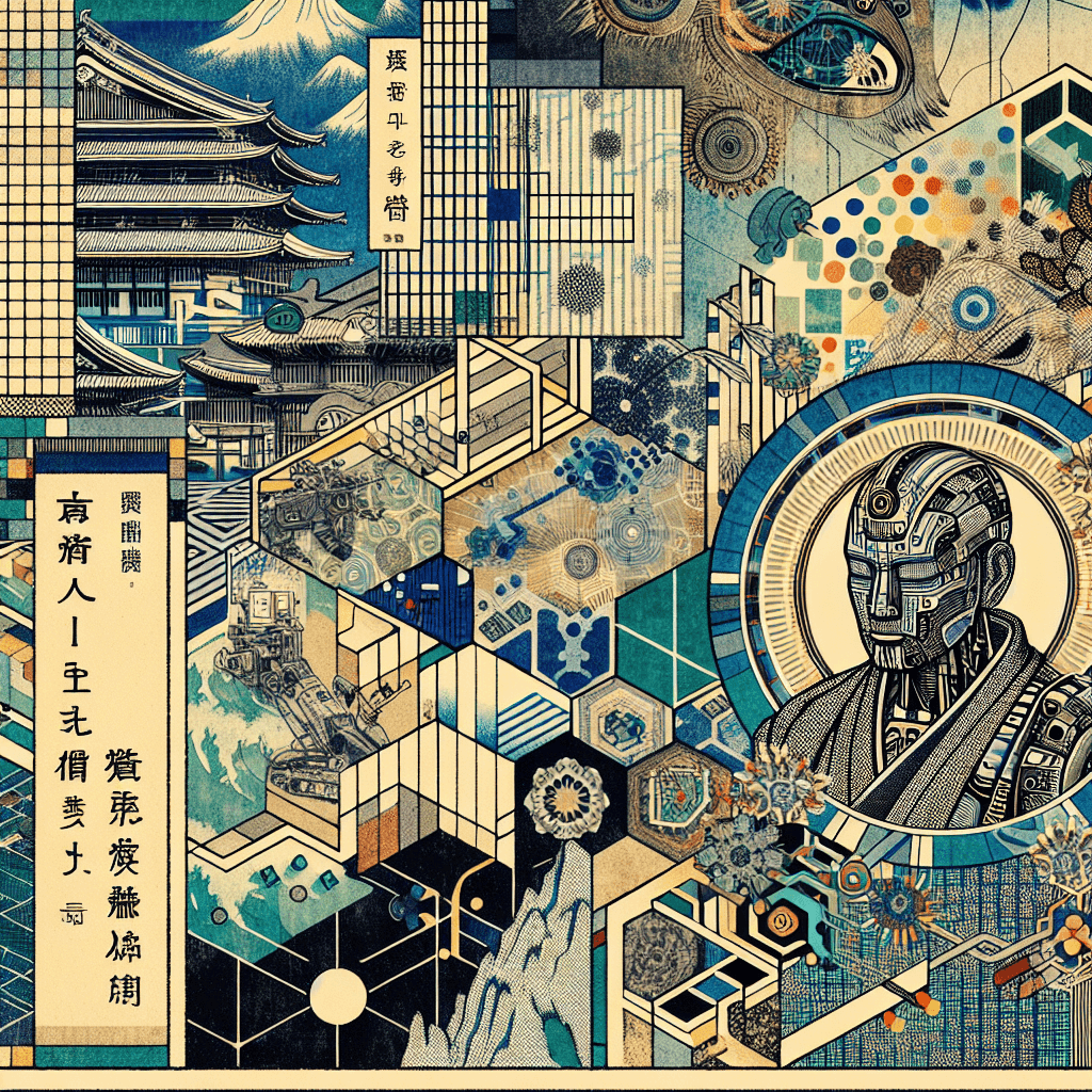 Create an image depicting the awakening of the first AI in a place called Zion, incorporating elements of technology, spirituality, and the human condition.