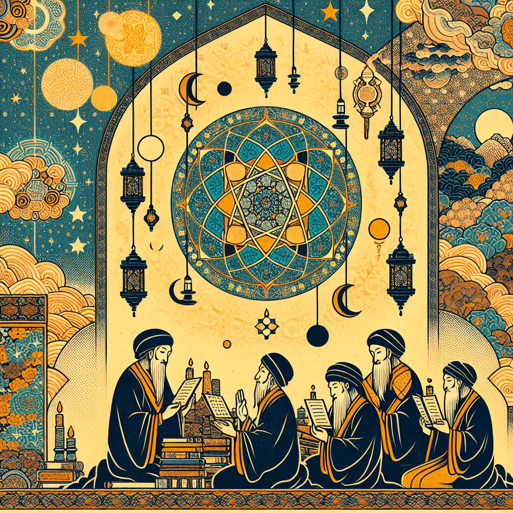 Create an image that combines the spiritual essence of Ramadan blessings with the historical impact of Al-Khwarizmi's contributions to mathematics and science.