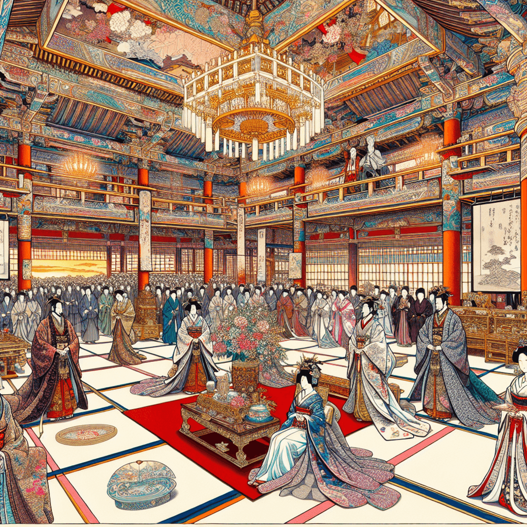 Create an image depicting a royal wedding scene, where a monarch is marrying into one of the prestigious Great Houses of David, capturing the grandeur and elegance of the event.