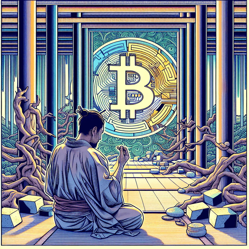 Create an image depicting the intersection of faith and cryptocurrency, highlighting moments of reflection and silence within a complex, recursive architectural setting.