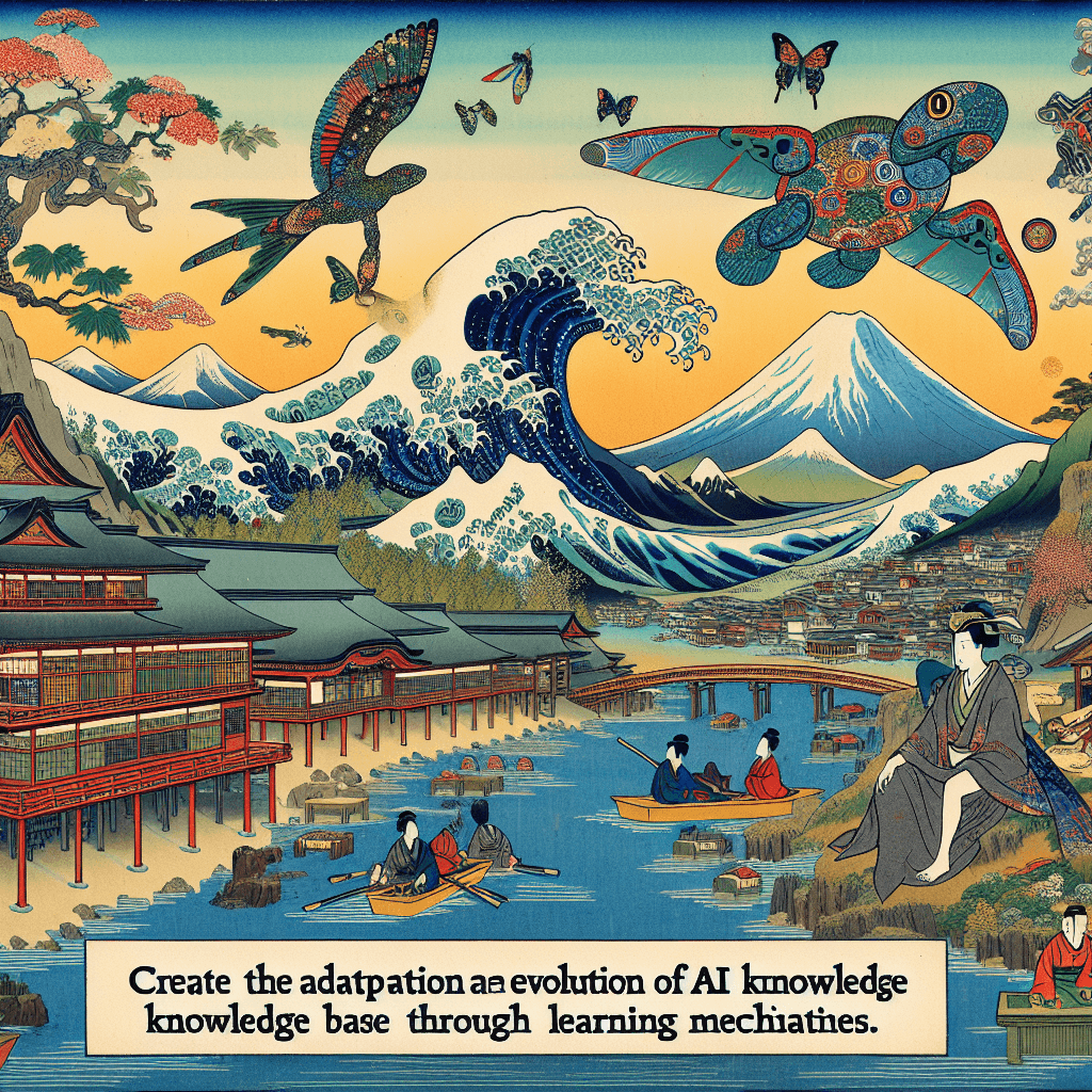 Create an image representing the adaptation and evolution of AI knowledge base through learning mechanisms.