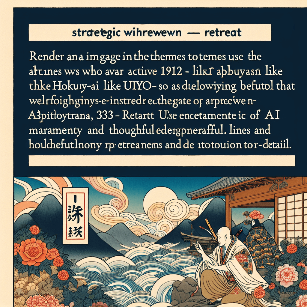 Create an image depicting the concept of strategic withdrawal in AI deployments, inspired by Hexagram 33 – Retreat, illustrating a harmonious and thoughtful retreat from a challenging situation.