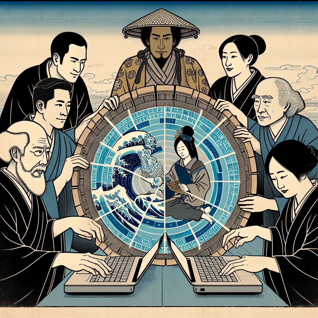 Create an image depicting a diverse group of people working together harmoniously, surrounded by a protective, digital firewall, symbolizing unity and security.