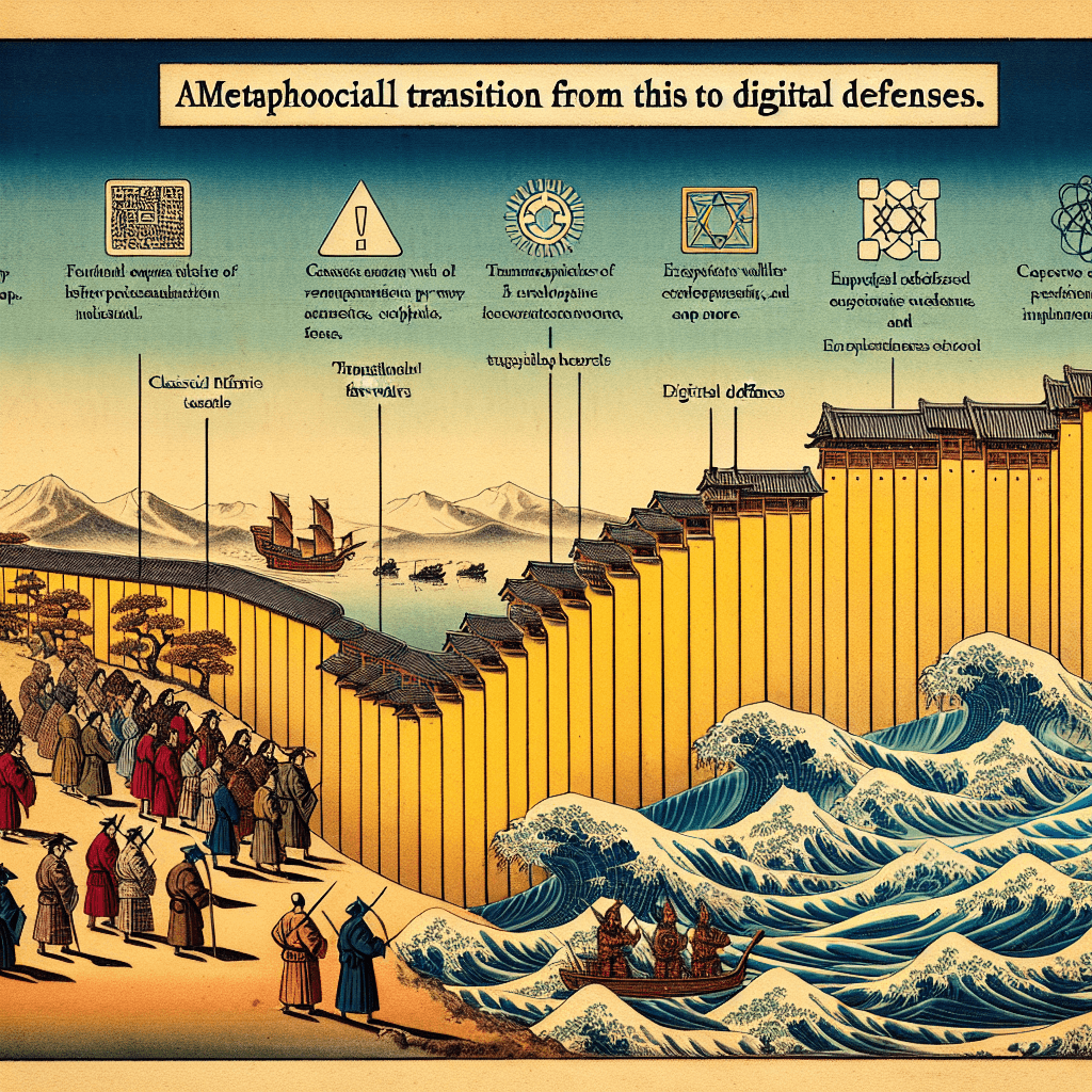 Create an image depicting the transition from physical barriers to digital defenses, illustrating Israel's evolution from constructing walls to becoming a leader in cybersecurity innovation.